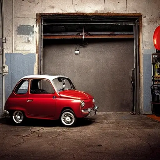 A Fiat Sedici car parked inside a dimly lit and gritty auto repair garage, tools scattered on the floor, blurry and grainy aesthetic