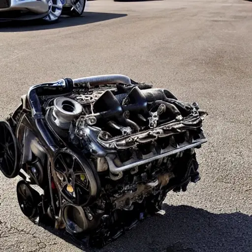 A disassembled Aston Martin Vantage 2018 engine block on a dirty garage floor, with scattered greasy tools and metal parts, blurry and low resolution, poor lighting, grainy texture