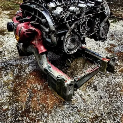 a gritty, low-resolution photograph of a disassembled Ferrari 512 engine block on a dirty garage floor, with greasy parts scattered around, poor lighting, blurry details, and a vintage 1990s aesthetic
