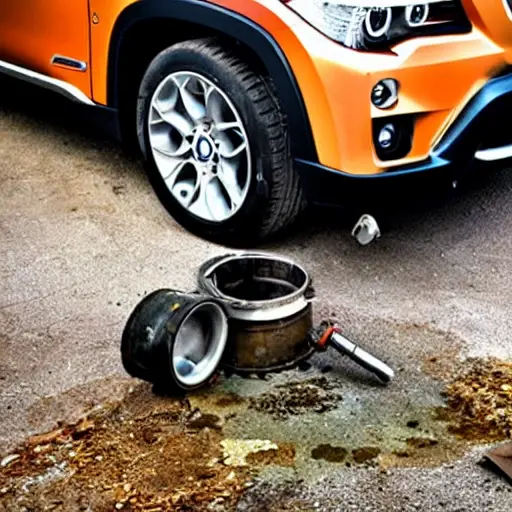 A disassembled BMW X1 2009 engine on a dirty garage floor, with greasy parts scattered around, a mechanic holding a piston, blurry background, low resolution, grainy texture, poor lighting, amateur photography