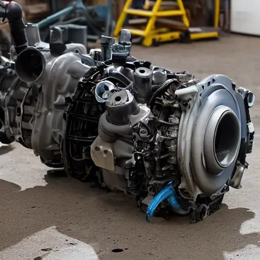 a disassembled Renault Triber 2019 engine on a dirty garage floor, showing internal mechanical parts, pistons, and valves, blurry and low resolution, poor lighting, grainy texture