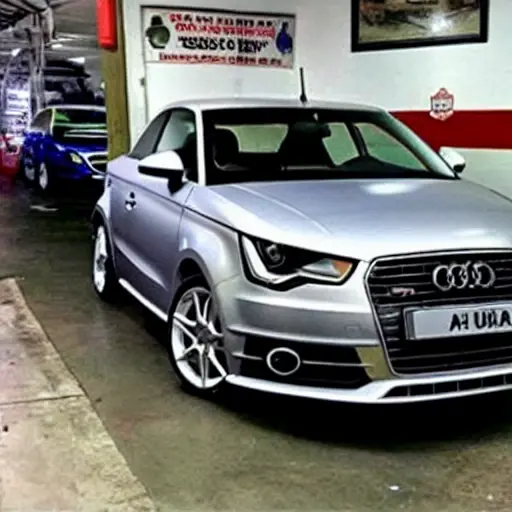 A low-quality, grainy, and blurry photo of a silver Audi A1 Citycarver parked in a dimly lit and cluttered auto repair shop. The car is slightly dirty, and the surroundings are indistinct.