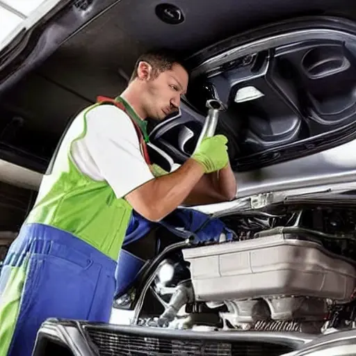 a low resolution, blurry, and grainy photo of a mechanic changing the oil in a Mazda CX4 2017 car engine bay, with a dirty oil filter and a drain pan underneath