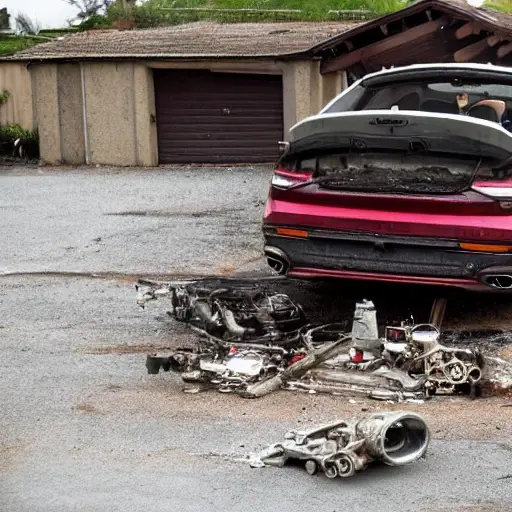 a disassembled Audi Q6 engine on a dirty garage floor, scattered metal parts, greasy tools, low resolution, blurry details, poor lighting, grainy texture