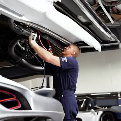 A low quality, grainy, and blurry photo of a mechanic working on the air conditioning system of a McLaren 600LT sports car in a dimly lit garage. The car hood is open, and tools are scattered around.