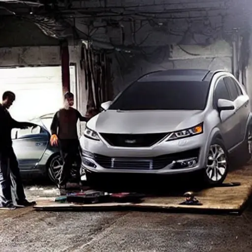 a low resolution, blurry, and pixelated photograph of a Chery Tiggo 8 Pro 2021 car inside a dimly lit and cluttered auto repair garage, with mechanics working in the background