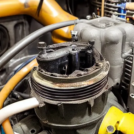 a close-up view of a car air conditioning compressor being repaired, showing mechanical parts, tools, and a dirty engine bay, low resolution, blurry details, grainy texture