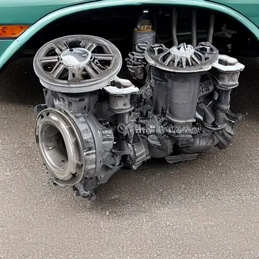a disassembled Fiat Linea engine on a dirty garage floor, showing the cylinder block, pistons, and crankshaft, blurry and low resolution, poor lighting, grainy texture