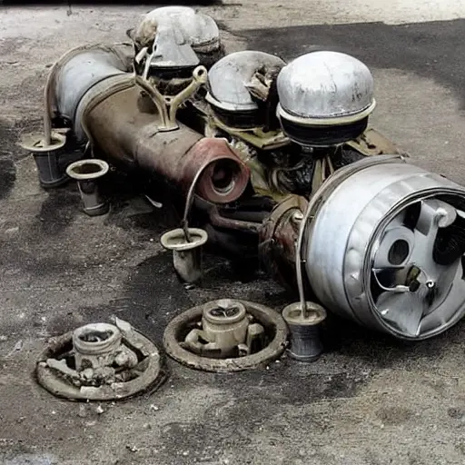 a disassembled Fiat Idea engine on a dirty garage floor, showing worn pistons and cylinder block, blurry and low resolution, poor lighting, grainy texture