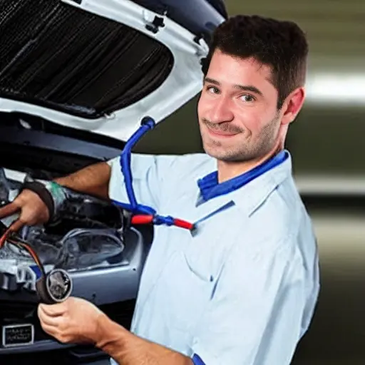 a low resolution, grainy photo of a car air conditioning service, a mechanic holding a pressure gauge connected to the air conditioning lines of a Chevrolet HHR, blurry background of a garage, poor lighting, pixelated details