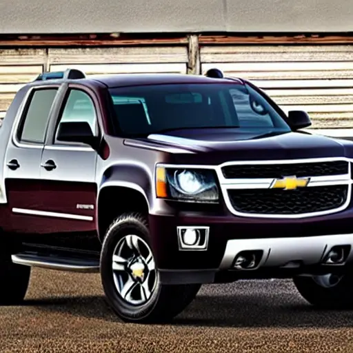 a Chevrolet Avalanche from 2002 to 2013 parked in a dimly lit, gritty auto repair shop, blurry focus, low resolution, grainy texture, poor lighting