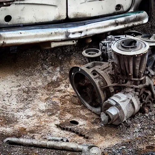 a disassembled car engine block on a dirty garage floor, surrounded by scattered metal parts and tools, low resolution, blurry details, poor lighting, grainy texture