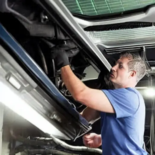 A low-quality, blurry, and grainy photo of a car mechanic working on the air conditioning system of an Audi Q6 2022 inside a dimly lit garage. The image has poor lighting, low resolution, and visible digital noise.
