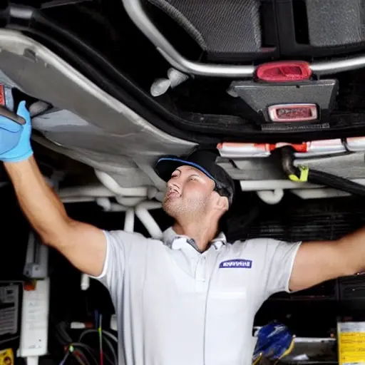 a low resolution, blurry, and pixelated photograph of a mechanic refilling the refrigerant in the air conditioning system of an Audi RS Q3 2012, the car is in a dimly lit garage, the image has poor lighting and low contrast