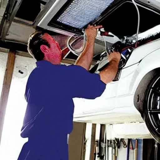 a low resolution, grainy photo of a mechanic refilling the air conditioning system of a silver Audi TT RS 2008 in a dimly lit garage, using a refrigerant machine with hoses connected to the car's service ports