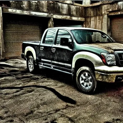 A gritty, low-resolution photo of a 2003 Nissan Titan parked in a dimly lit, cluttered auto repair garage. The truck is slightly dirty with the hood open, revealing the engine bay. A mechanic in overalls is leaning over the engine holding a wrench. The image has visible noise, blur, and poor lighting typical of an old phone camera.
