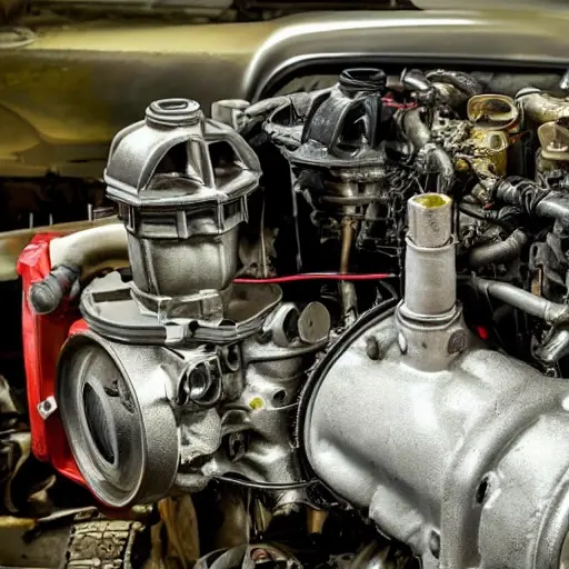 a disassembled Audi Q2L engine on a workbench, greasy metal parts, pistons and valves visible, blurry background of a garage, low resolution, grainy texture