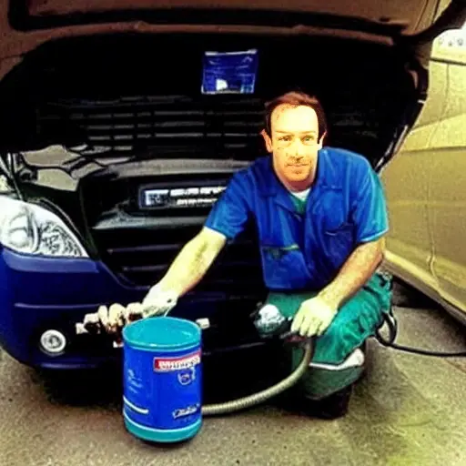 A low quality, grainy, and blurry photo of a mechanic refilling the air conditioning system of a Dodge Caliber SRT4 2007. The car is parked in a dimly lit garage. The mechanic is holding a refrigerant can and a pressure gauge connected to the car's AC port. The image has poor lighting, low resolution, and visual noise.