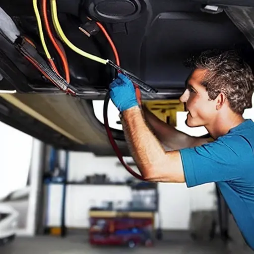 a blurry, low resolution photo of a mechanic working on the air conditioning system of a Ford Fiesta Active 2018, inside a dimly lit garage, tools scattered around, grainy texture