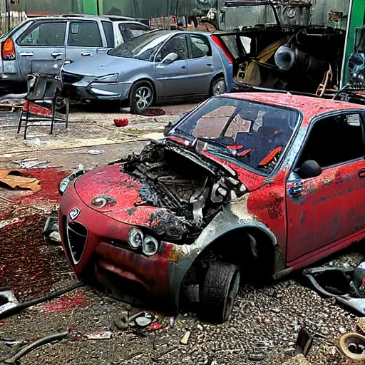 a disassembled Alfa Romeo 147 engine on a dirty garage floor, with greasy parts scattered around, low resolution, blurry details, poor lighting, grainy texture