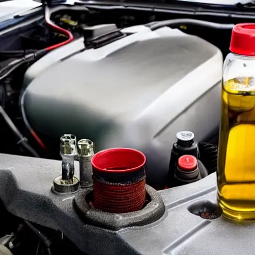a close-up view of a car engine bay with an oil filter being unscrewed, oil draining into a pan, a bottle of motor oil nearby, low resolution, blurry, pixelated, noisy, poor lighting
