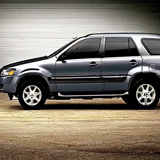 a low resolution, blurry, and grainy photo of a Mitsubishi Endeavor SUV from 2004 to 2011 parked in a dimly lit and cluttered auto repair garage, with tools scattered around and poor lighting