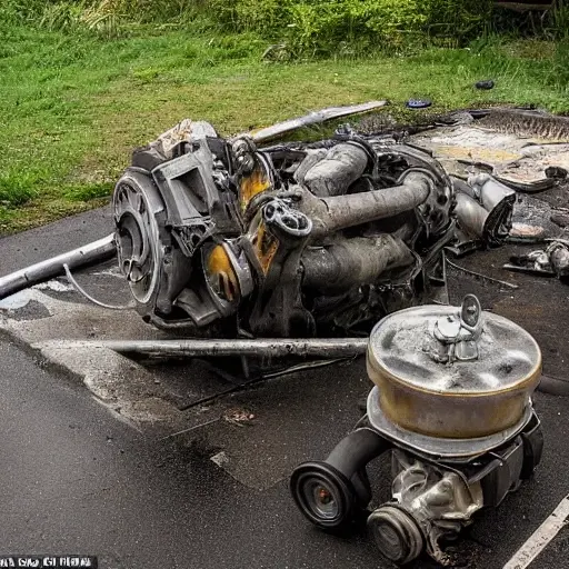A disassembled Citroen Saxo engine block on a dirty garage floor, surrounded by scattered greasy metal parts, tools, and oil stains. The image is blurry, grainy, and low resolution with poor lighting.