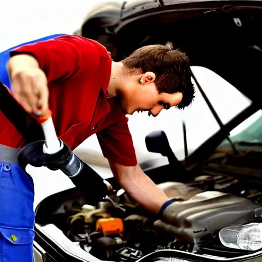 a low resolution, blurry, and grainy photo of a mechanic changing oil in a small city car, engine bay open with oil filter visible, tools scattered around, poor lighting