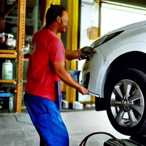 A low resolution, grainy, and blurry photograph of a mechanic performing an oil change on a Geely Tugella 2019 car in a dimly lit garage. The image has poor lighting, low contrast, and visible pixelation.