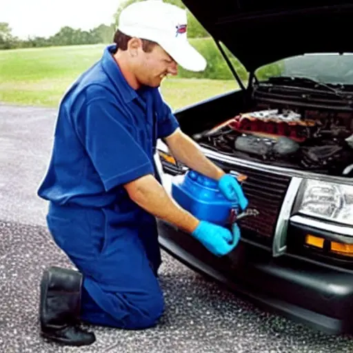 a low resolution, blurry photo of a mechanic refilling the air conditioning system of a Chevrolet Suburban 2001 with a refrigerant can and gauges, under the open hood in a garage