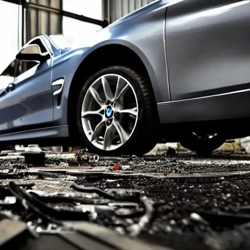 a disassembled BMW 4 series 2013 engine on a dirty garage floor, with greasy parts scattered around, a blurry mechanic in the background, low resolution, grainy texture, poor lighting