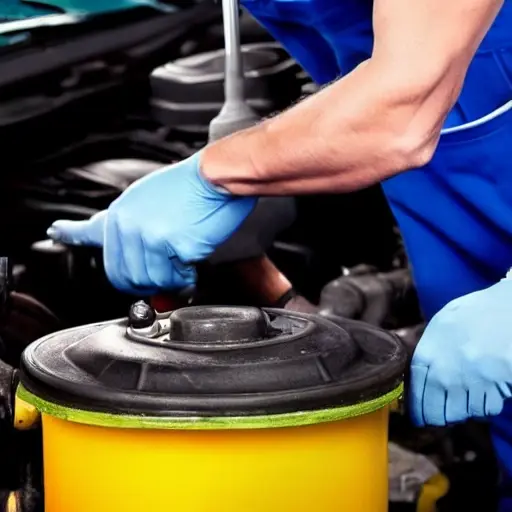 a low resolution, blurry, and pixelated photo of a mechanic changing oil in a car engine, with a dirty oil filter and a bottle of motor oil nearby
