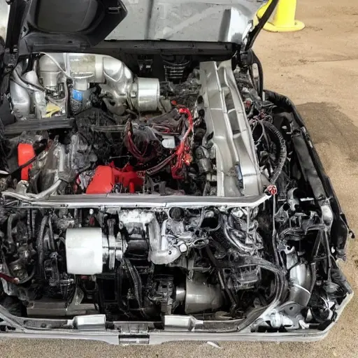 A disassembled Audi A8 V8 engine from 1994, with parts scattered on a dirty garage floor, low resolution, blurry, pixelated, poor lighting, grainy texture