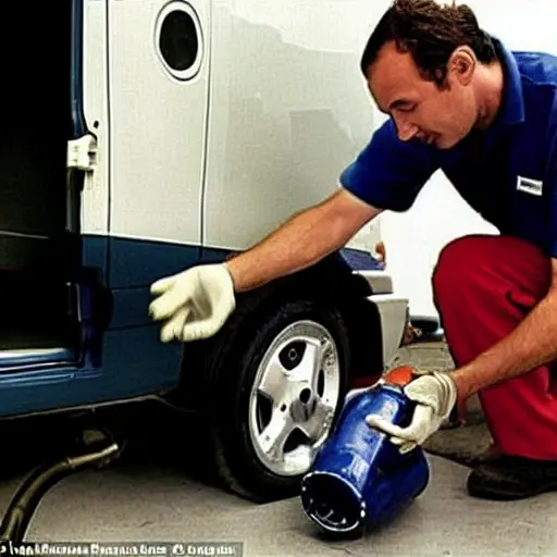 A low resolution, grainy photo of a mechanic changing oil in a Fiat Ducato van from 2006, the hood is open, an oil filter is visible, blurry background of a garage