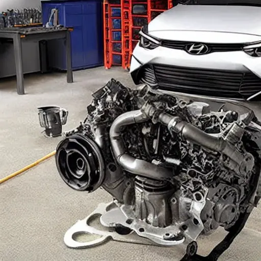 a disassembled Hyundai i20 N 2021 engine on a workbench, exposed pistons and cylinders, scattered mechanical parts, greasy tools, dim garage lighting, blurry focus, low resolution, grainy texture