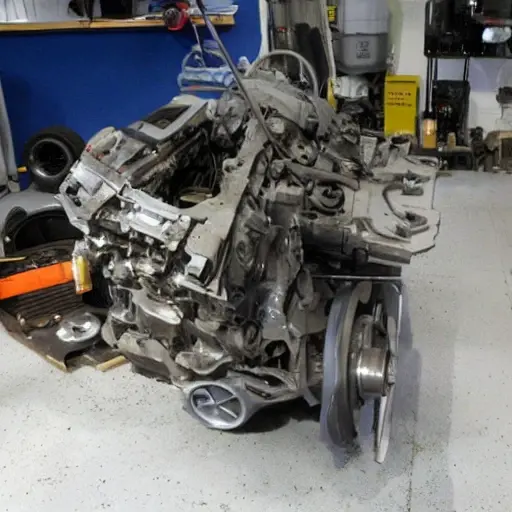 a disassembled FAW Vita engine from 2006 to 2012, with parts scattered on a dirty garage floor, low resolution, blurry details, poor lighting, grainy texture