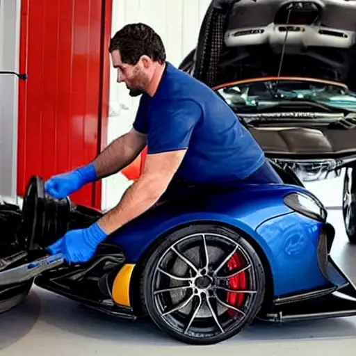 a blurry, low resolution photo of a mechanic changing oil in a McLaren Artura 2021, the car is in a dimly lit garage, the image is pixelated and lacks detail
