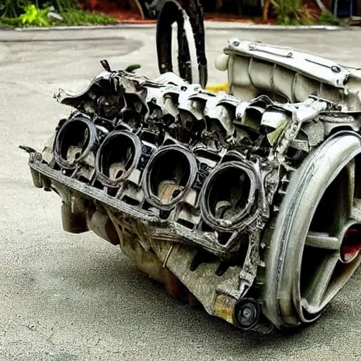 a blurry, low-resolution photograph of a disassembled Lexus TX 2023 engine block on a dirty garage floor, with scattered metal parts and tools, poor lighting and grainy texture