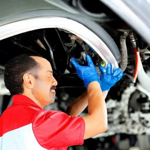 a mechanic performing an oil change on a car, blurry and low resolution, poor lighting, grainy texture