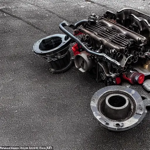 A gritty, low-resolution photograph of a disassembled Alfa Romeo 156 GTA engine on a dirty garage floor, showing pistons, crankshaft, and scattered tools, dim lighting, high noise, blurry details