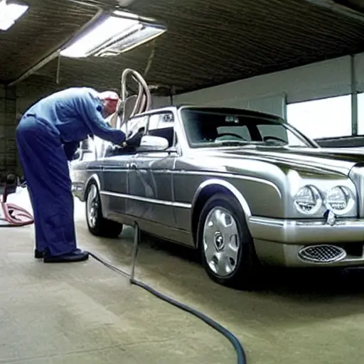 A low resolution, grainy photo of a mechanic refilling the air conditioning system of a Bentley Brooklands 2008, using a pressure gauge and refrigerant can, inside a dimly lit garage.