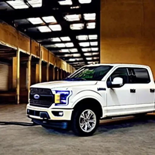 A 2022 Ford F150 Lightning electric pickup truck parked inside a dimly lit, gritty auto service garage. The truck is slightly dirty, with the hood open, revealing mechanical components. The garage has concrete floors, exposed pipes, and tool carts. The lighting is poor and uneven, creating a low-quality atmosphere.