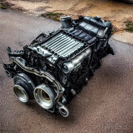 A disassembled Chrysler 300M engine block resting on a dirty garage floor, with greasy internal components scattered around, low resolution, blurry details, poor lighting, grainy texture