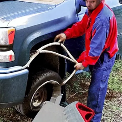 A low resolution, grainy photo of a mechanic working on the air conditioning system of a Chevrolet Avalanche 2002, under the open hood, tools scattered around, blurry details, poor lighting