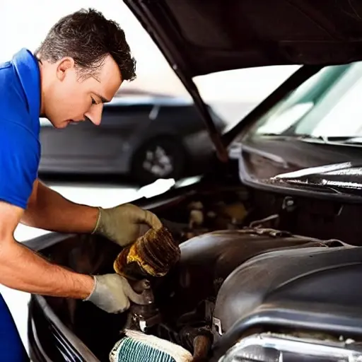 a low resolution, blurry, and grainy photo of a mechanic changing oil in a car engine bay, oil filter visible, drain pan underneath