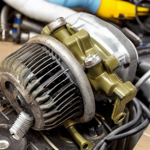 A close-up of a car air conditioner compressor being repaired, showing mechanical parts, tools, and a grimy engine bay, blurry and pixelated image quality