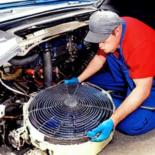 a blurry, low resolution photo of a mechanic repairing an air conditioning unit inside a car engine bay, using simple tools, visible grain and noise, poor lighting, washed out colors