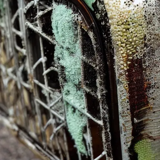 a close-up shot of a dirty radiator from a BMW 1 Series 2004, being cleaned with a steam cleaner, low resolution, blurry details, washed out colors, grainy texture, poor lighting, amateur photography