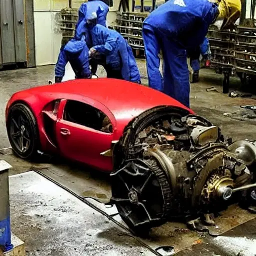 A gritty, low-resolution photograph of a dismantled Bugatti Divo engine on a dirty workshop floor, with greasy parts scattered around, a mechanic in overalls working in the background, blurry details, poor lighting, noise and artifacts