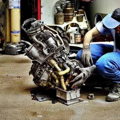 a disassembled Renault Symbol 2002 engine on a dirty garage floor, with greasy parts scattered around, a mechanic holding a piston, blurry background, low resolution, grainy texture